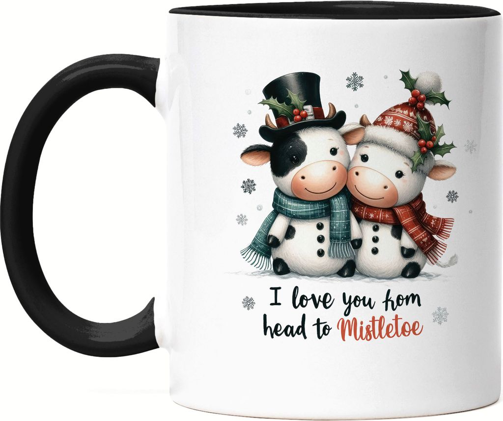 I Love You From Head to Mistletoe Lustiges Kuhmotiv Tasse Schwarz Geschenkidee witziges Design Weihnachten