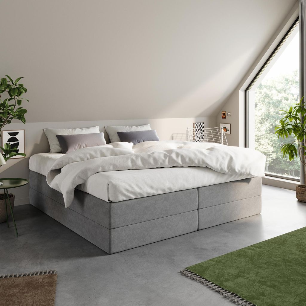 Home Collective Boxspringbett Polsterbett Bett wählbare Matratze Bonnell H2, Micro-Velours, platzsparend ohne Kopfteil | 200x200 | Grau