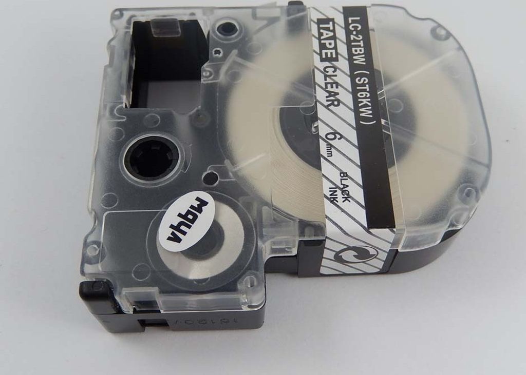 vhbw Schriftband-Kassette kompatibel mit KingJim SR530, SR550, SR3900C, SR530C, SR3900P, SR40 Etiketten-Drucker 8m x 6mm Schwarz auf Transparent