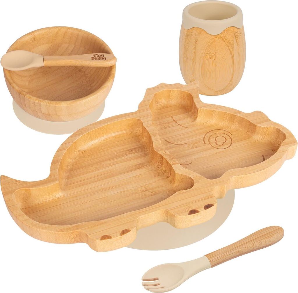 Tiny Dining 5-teiliges Bambus-Dinosaurier-Entwöhnungsset für Babys – Beige