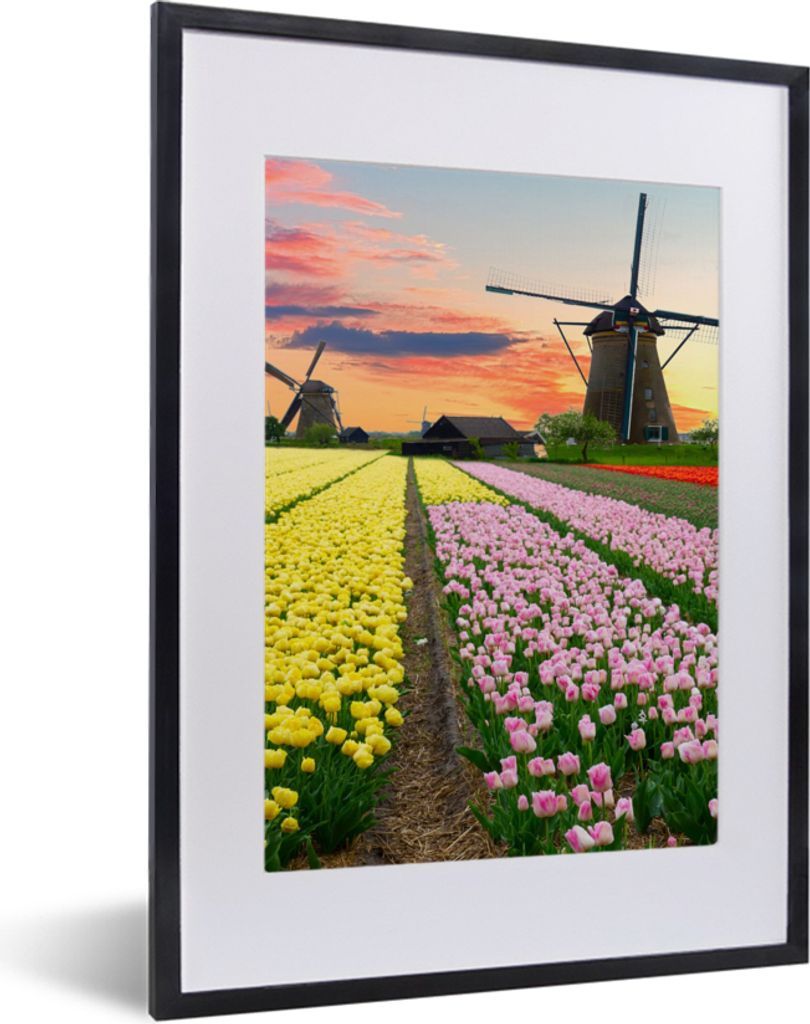 MuchoWow Gerahmtes Poster Windmühle - Tulpen - Blumen - Niederlande 30x40 cm - Poster mit Schwarzem Bilderrahmen Wandposter Rahmen Foto Bilder -...