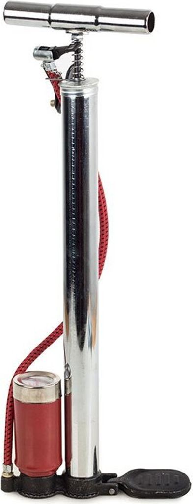 A bicycle pump with a pressure gauge.