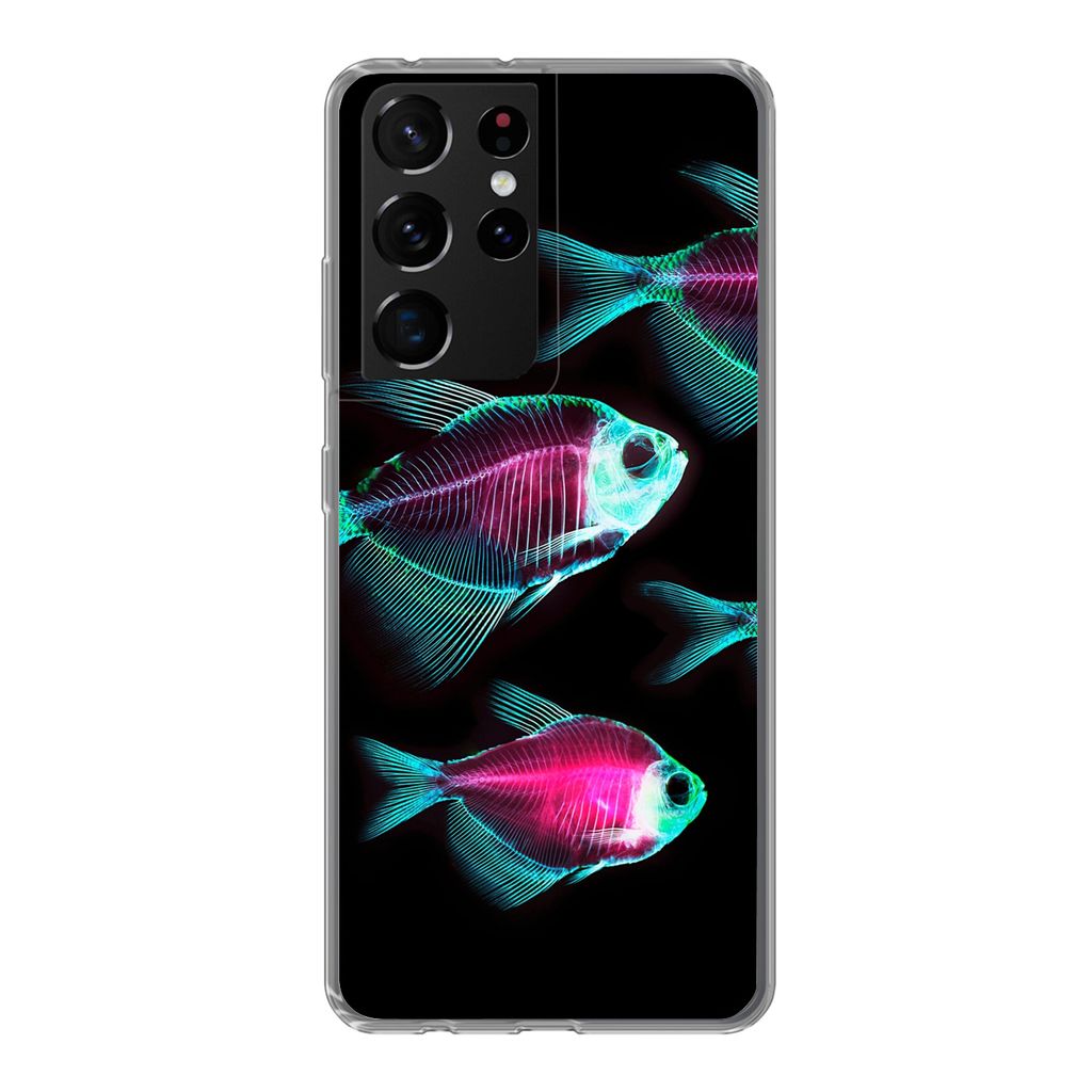 MuchoWow Handyhülle Schutzhülle Hülle für Samsung Galaxy S21 Ultra Fisch - Lila - Blau Silikon Softcase Handy Hülle - Mobiltelefon