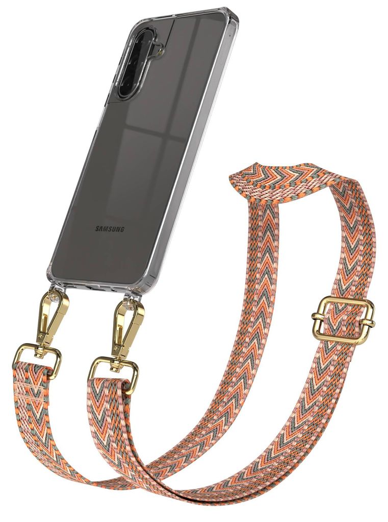 EAZY CASE Handykette - Verstellbarer Trageriemen kompatibel mit Samsung Galaxy A17, Handykordel mit transparenter Silikon-Hülle, Karabiner Gold, Z...