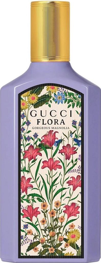 A bottle of Gucci Flora Gorgeous Magnolia Eau De Parfum with a floral design on the label.