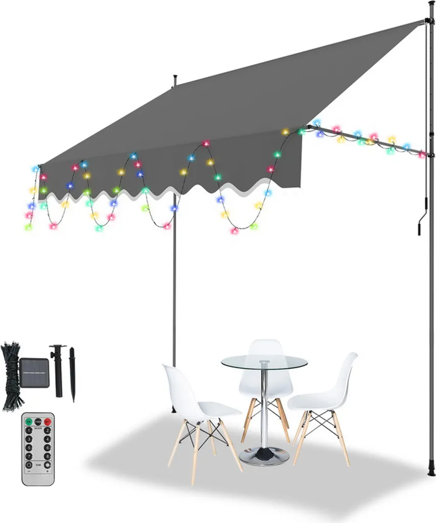 Jopassy tenda da sole con LED senza foratura tenda da sole a morsetto tenda da sole per balcone terrazza 200cm grigio
