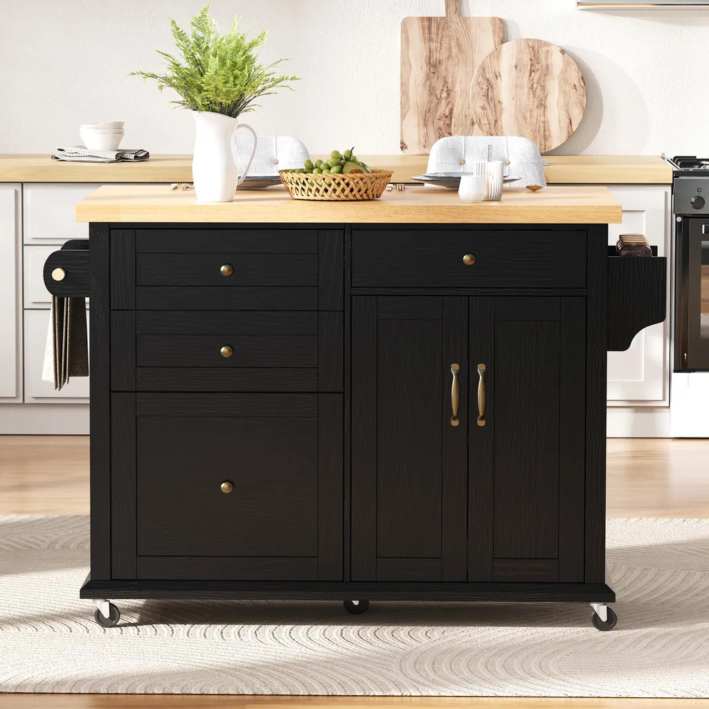 Desserte de cuisine mobile noire : table dînatoire et rangement malin