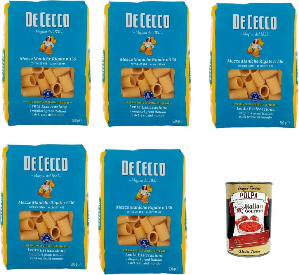 De Cecco Mezze Maniche Rigate N°136 100% Italienisch Pasta Nudeln 5x 500g + Italian Gourmet Polpa 400g