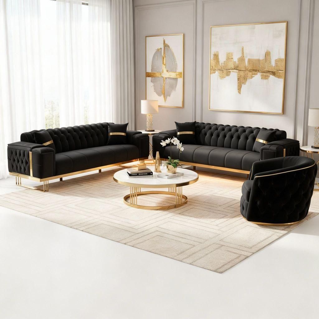 Sofa -Set Imperial Premium, 6 Farben verfügbar 3-Sitzer + 2-Sitzer + Sessel (3-Sitzer mit Schlaf-funktion) Farbe: Schwarz