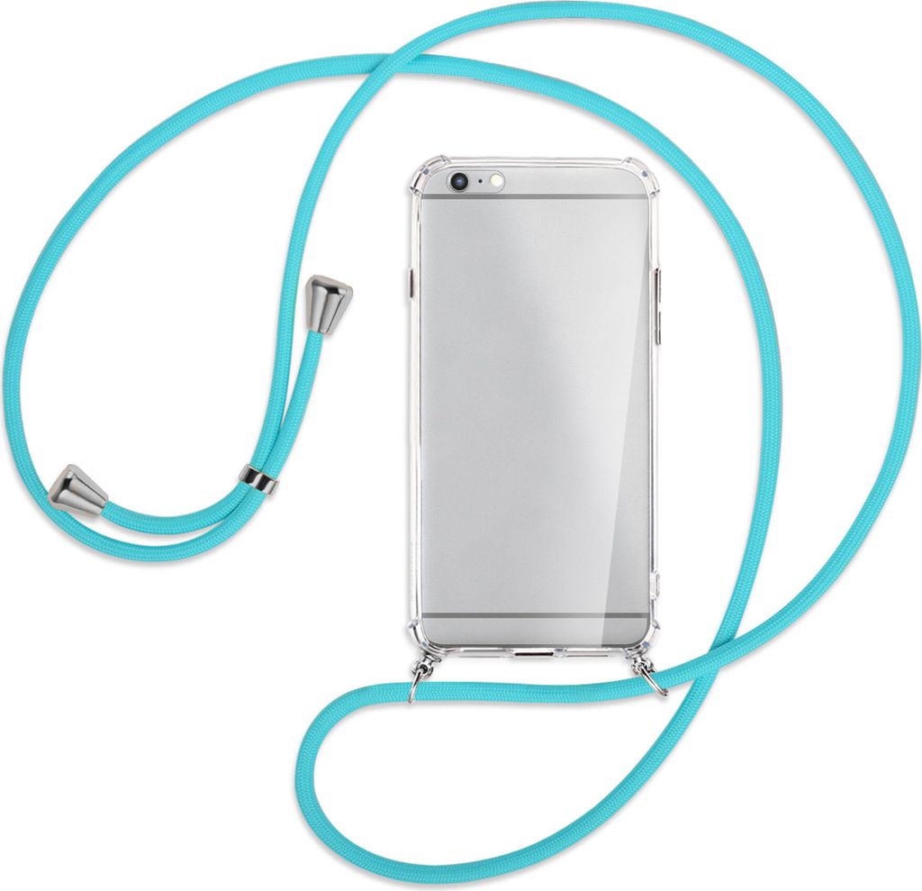 Handykette Backcover-Schutzhülle mit Band (Metall silberfarben) für Apple iPhone 6 Plus - türkis