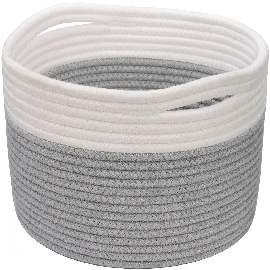 Panier à jouets gris et blanc en corde de coton robuste pour étagère