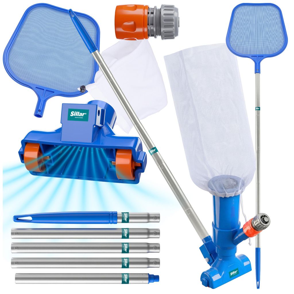 Sillar Pool Reinigungsset mit Bodensauger, Kescher & Produktbild 