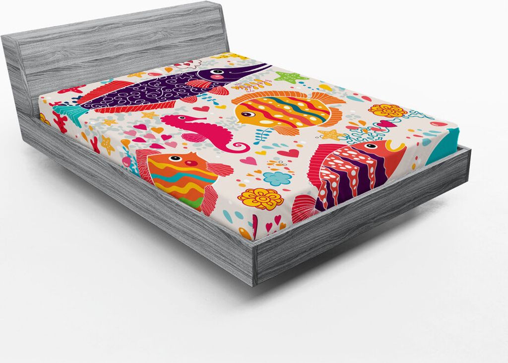 ABAKUHAUS Meerestiere Spannbetttuch, Cartoon Mit Fisch Seahorse Starfish Dolphin Coral Unterwasser Leben Kinder, 140 x 200 cm, Mehrfarbig