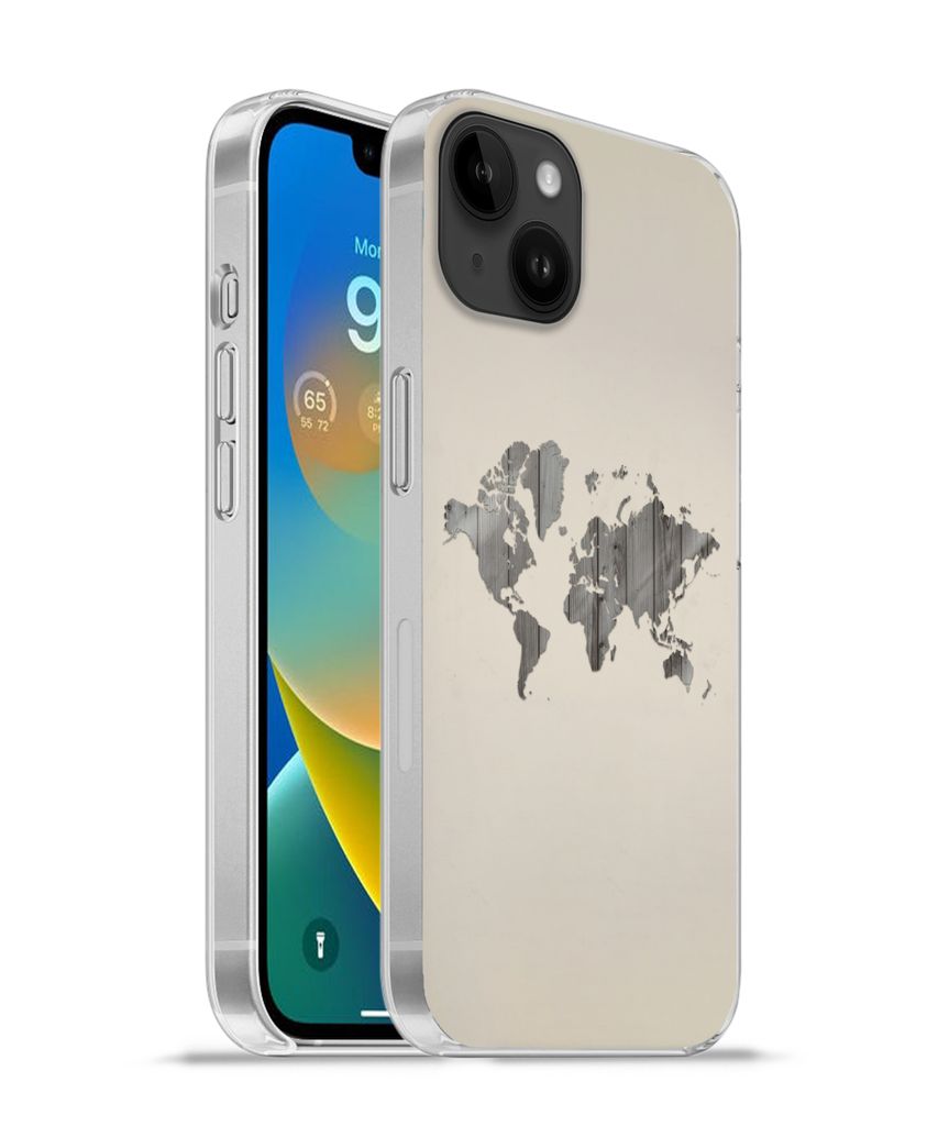 MuchoWow Handyhülle Schutzhülle Hülle für Apple iPhone 14 Plus - Soft case Weltkarte - Holz - Regal Silikon Softcase Handy Hülle - Abbildung