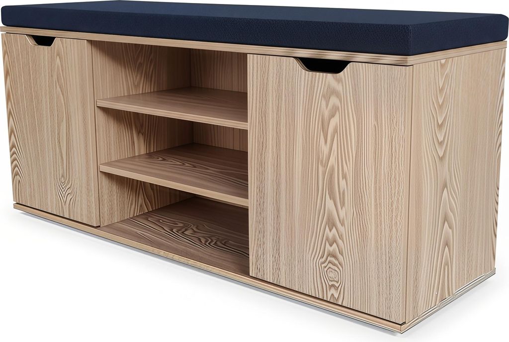 A wooden shoe cabinet with a navy blue upholstered seat on top, shown against a white background.