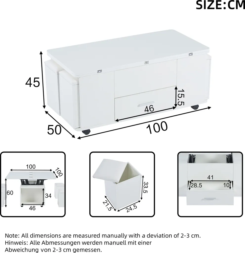 Sweiko Table Basse Réglable en Hauteur et Mobile avec 4 Tabourets Blanc - 16
