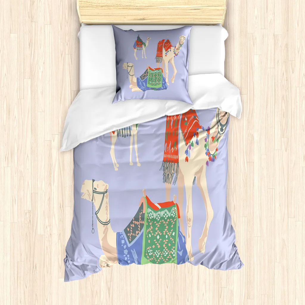 ABAKUHAUS Set copripiumino egiziano per letti singoli, cammelli con tappeti, antiacaro, adatto a chi soffre di allergie, con federa, 135 cm x 200 cm - 80 x 80 cm, multicolore