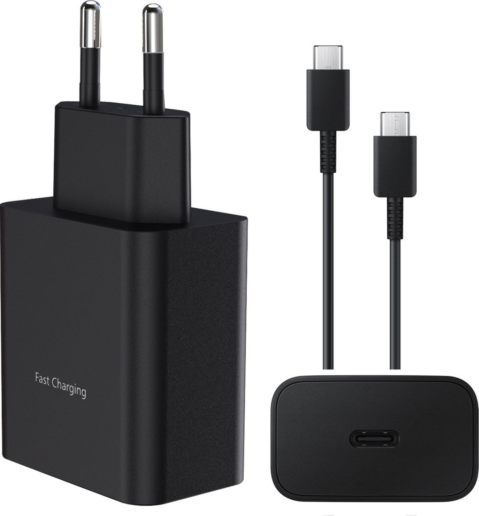 A black USB-C charger and cable set against a white background.