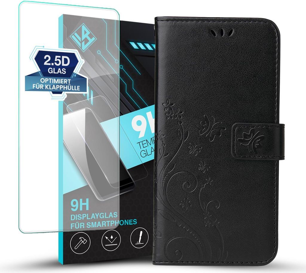 Handyhülle für Xiaomi Redmi A3 mit 9H Displayglas Floral Blumen Schmetterling Flip Cover Hülle Case Klapphülle Handytasche Farbe: Schwarz
