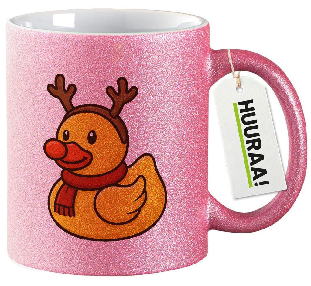Huuraa Glitzertasse Quietscheente Rudolf Gummiente Rentier 330ml Pink Keramik Kaffeebecher Geschenkidee