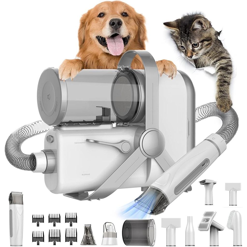 3-in-1 Haustierpflegegerät, Saugen Schneiden Föhnen Bürsten, 13 kPa, 10 Aufsätze, für Hunde & Katzen