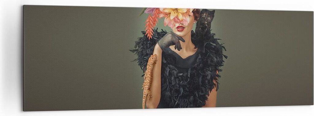 Bild auf Leinwand - Leinwandbild - Einteilig - Frau Katze Blumen - 160x50cm - Wand Bild - Wanddeko - Wandbilder - Leinwanddruck - Bilder - Wanddeko...