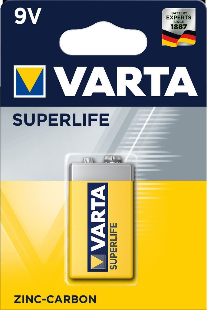 A VARTA 9V Superlife Zinc-Carbon battery in its retail packaging.