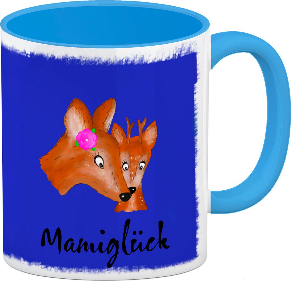 Kaffeetasse für Kinder mit Reh Motiv und Schriftzug - Mamiglück in {blau}