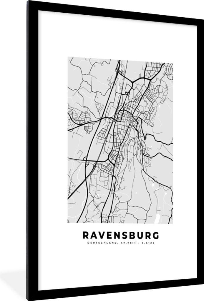 MuchoWow Gerahmtes Poster Karte - Deutschland - Ravenburg - Karte - Stadtplan 60x90 cm - Poster mit Schwarzem Bilderrahmen Wandposter Rahmen Foto...