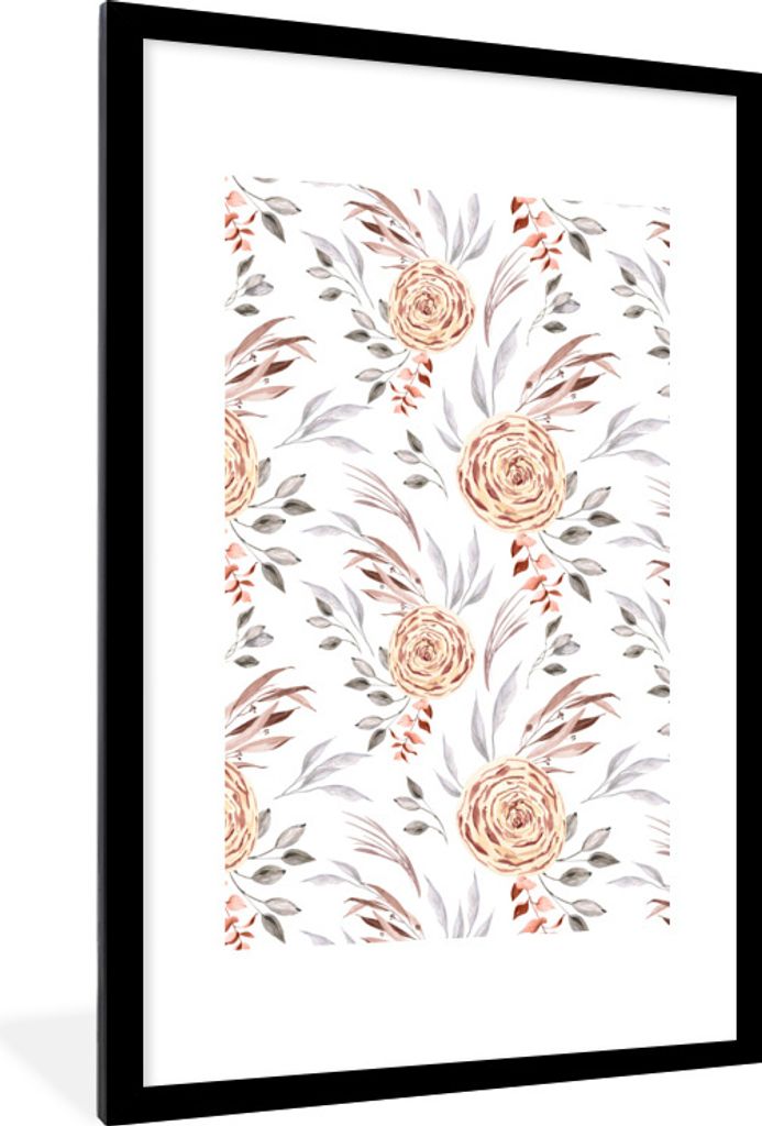 MuchoWow Gerahmtes Poster Rosen - Boho - Muster 60x90 cm - Poster mit Schwarzem Bilderrahmen Wandposter Rahmen Foto Bilder - Dekoration - Wandpos...