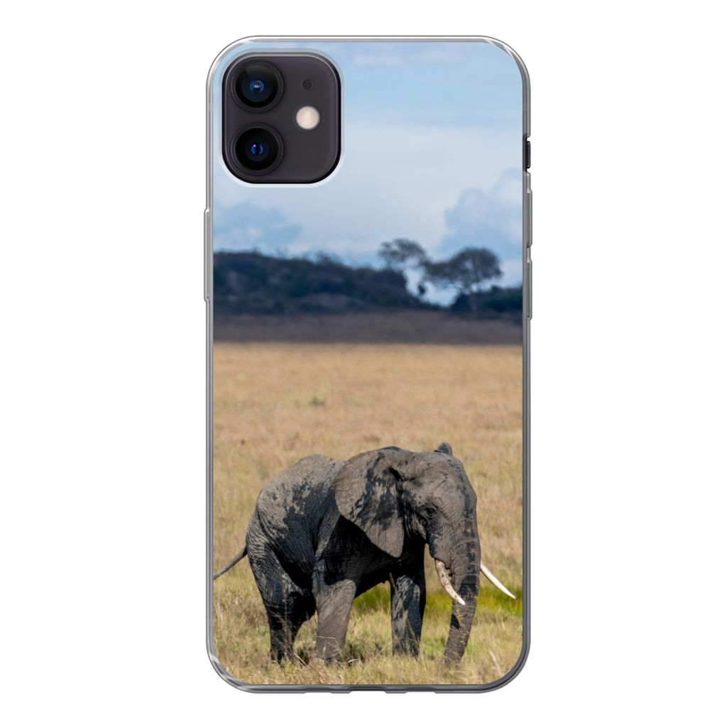 MuchoWow Handyhülle Schutzhülle Hülle für iPhone 12 mini Elefant - Gras - Tiere - Natur Silikon Softcase Handy Hülle - Bild