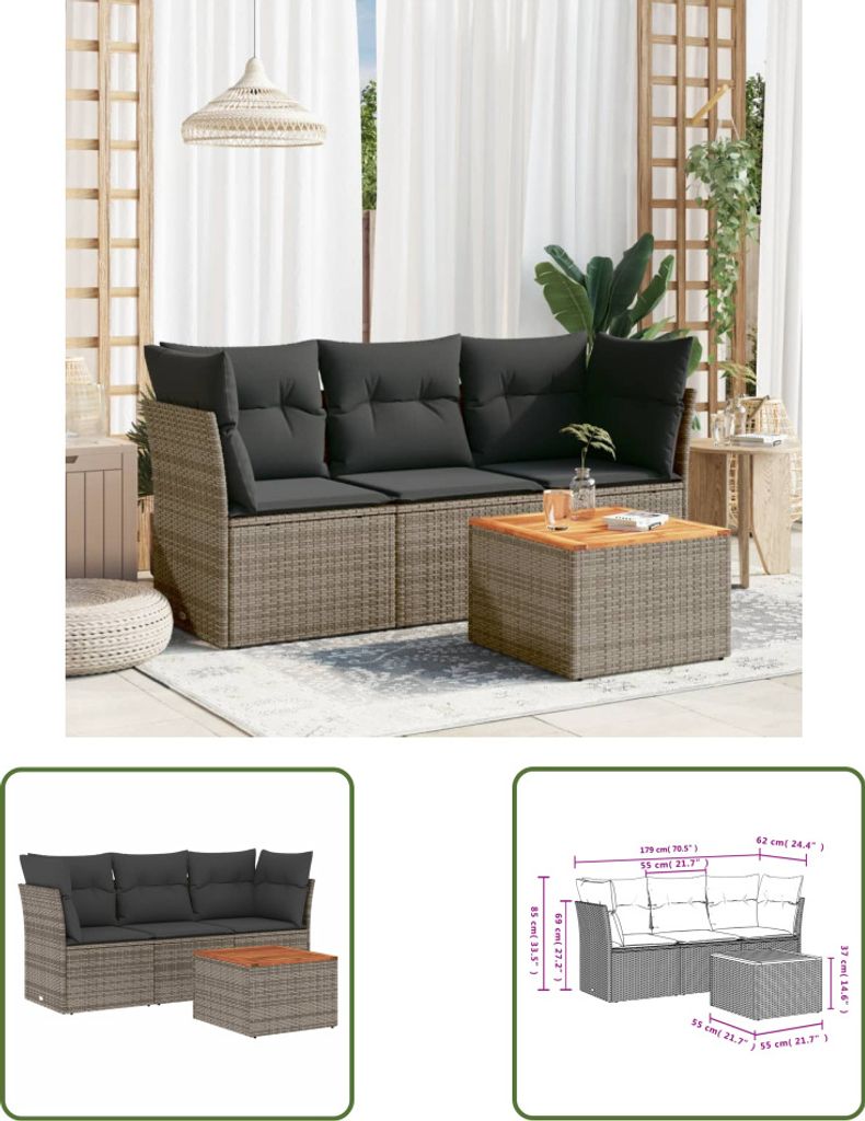 The Living Store 4-tlg. Garten-Sofagarnitur mit Kissen Grau Poly Rattan