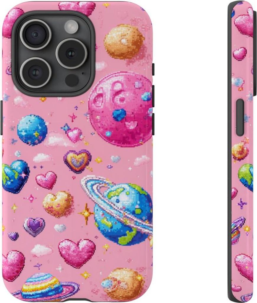 Pixel-Herzen und Planeten – Hülle Kompatibel mit iPhone 15 Pro