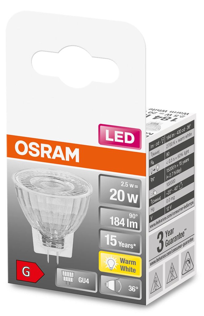 OSRAM LED Reflektorlampe MR11 2,5W GU4 184lm 12V 2.700K 36° Immagine del prodotto 