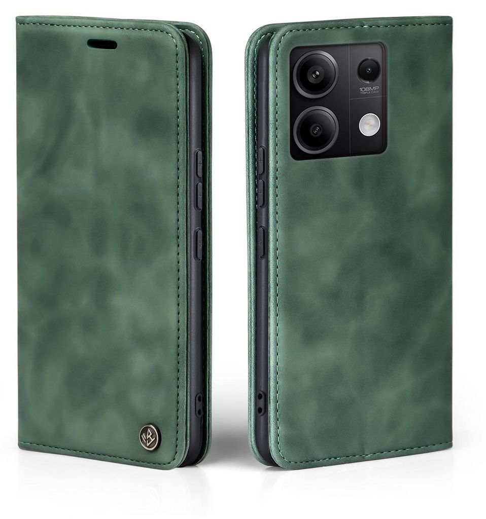 A green flip cover phone case for a Xiaomi Redmi Note 13 5G is shown from two angles, open and closed.
