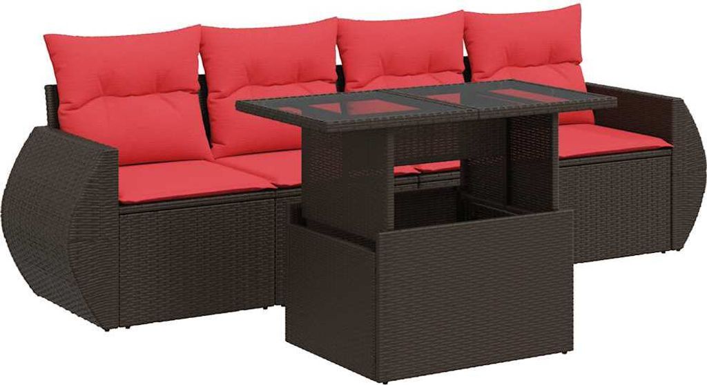 SYFAX 5-tlg. Garten-Sofagarnitur mit Kissen Braun Poly Rattan Akazie