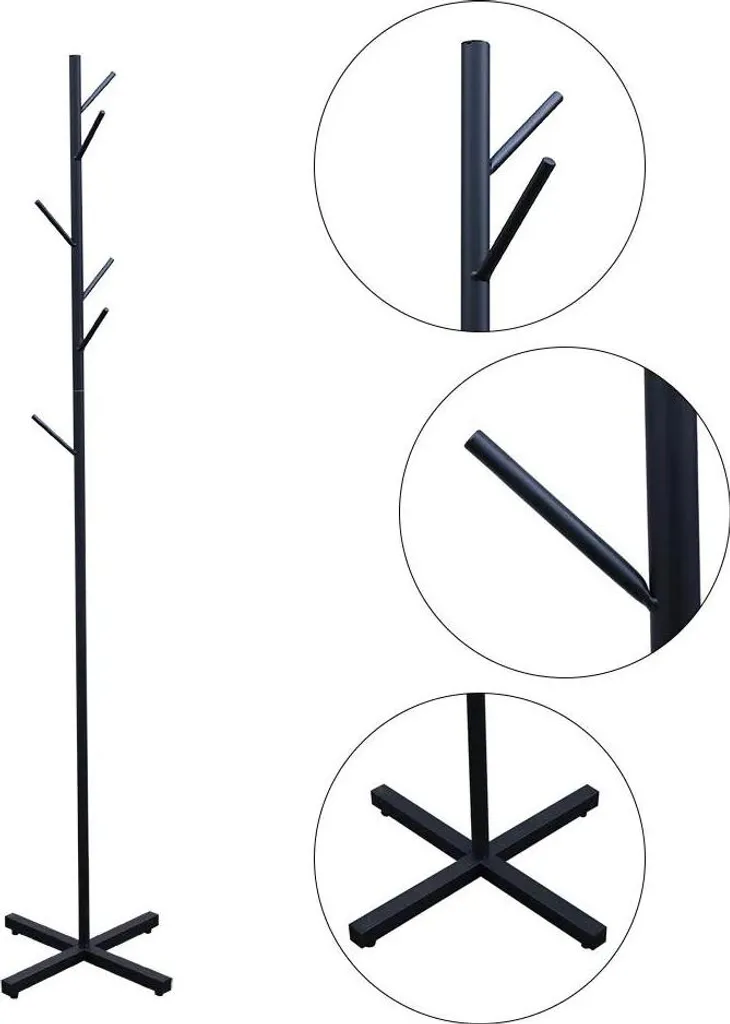 Appendiabiti da terra in metallo - Appendiabiti e cappelliera - Con 7 ganci - Design a rami - Altezza 170 cm - Base 42x42 cm - Salvaspazio - Ferro - Nero