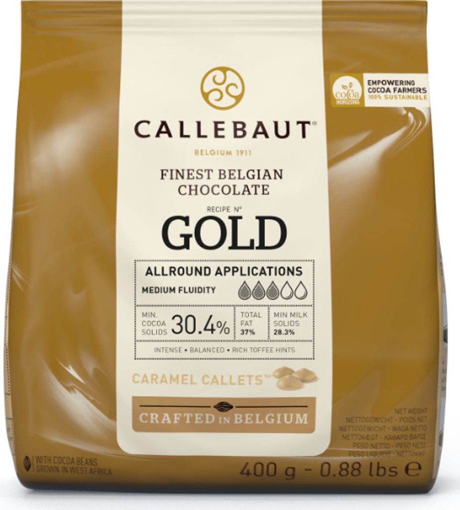 A bag of Callebaut Gold caramel chocolate callets.