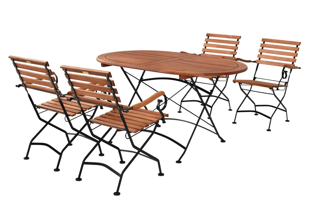 A set of outdoor furniture, including a table and four chairs, displayed on a white background.