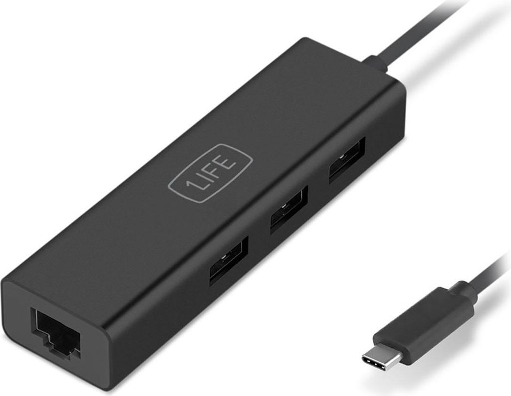 Hub USB-C 1Life USB:HUB 3 RJ45 Gigabit Preto