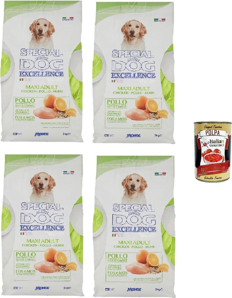 Special Dog Excellence Pollo, semi di lino e agrumi Maxi 3kg, Maxi-Hähnchen-, Leinsamen- und Zitruskroketten 4x3kg + Italian Gourmet polpa 400gr
