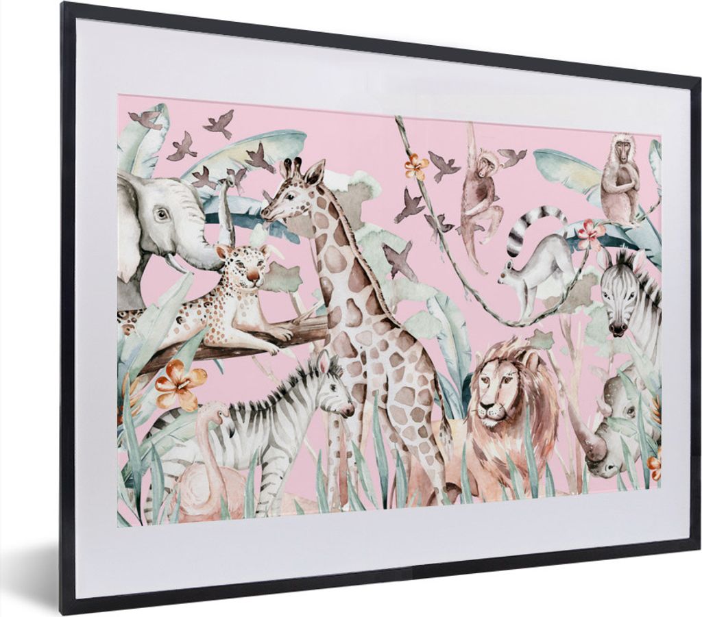 MuchoWow MuchoWow Gerahmtes Poster Wasserfarben - Tiere - Dschungel - Rosa - Mädchen - Kinder - Kinder 40x30 cm - Poster mit zchwarzem Bilderr...