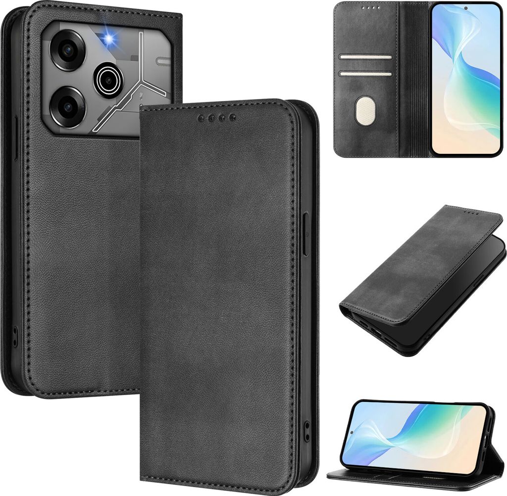 Handyhülle für Tecno Pova 6/Pova 6 Pro 5G, Vintage Leder RFID Schutz Kartenfach Standfunktion Magnetische Klapphülle Schwarz