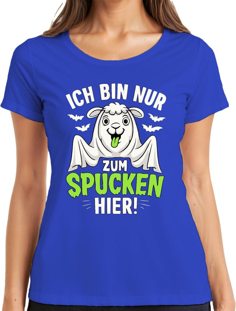 Ich bin nur zum Spucken hier Halloween Lama Spruch Süßes oder Saures Damen T-Shirt, Blau, 3XL