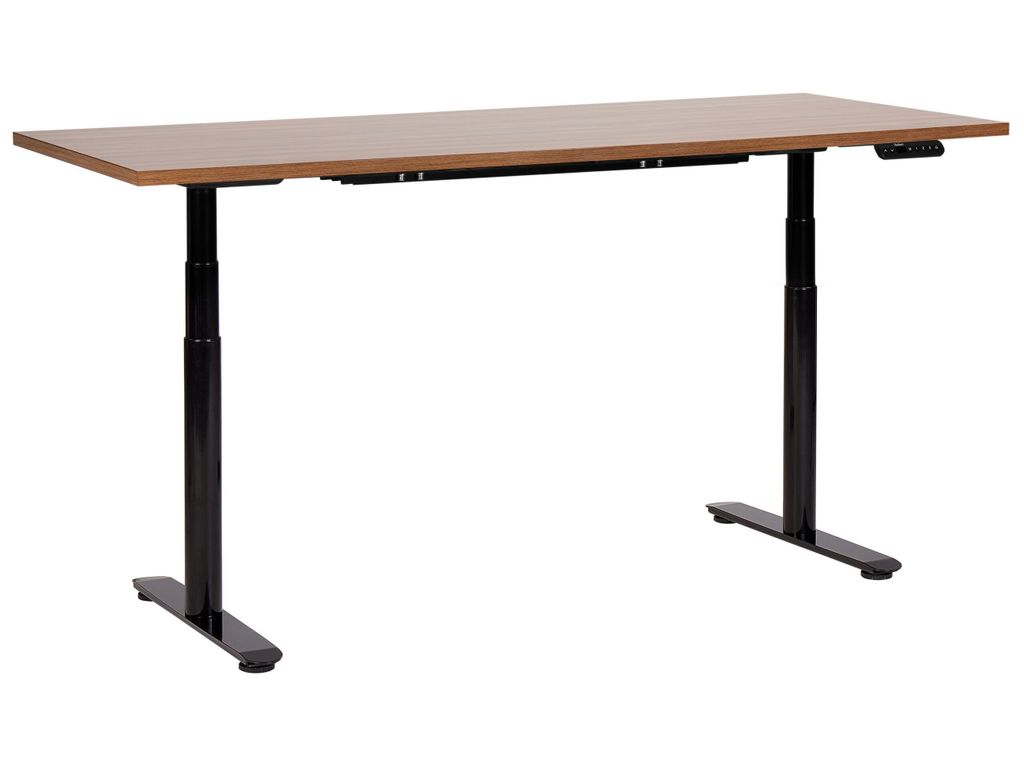 BELIANI Schreibtisch Braun/Schwarz Melamin 180x80cm Elektrisch Höhenverstellbar Rechteckig mit USB Rundes Metallgestell Modern Büro Steh-Sitz-Tisch