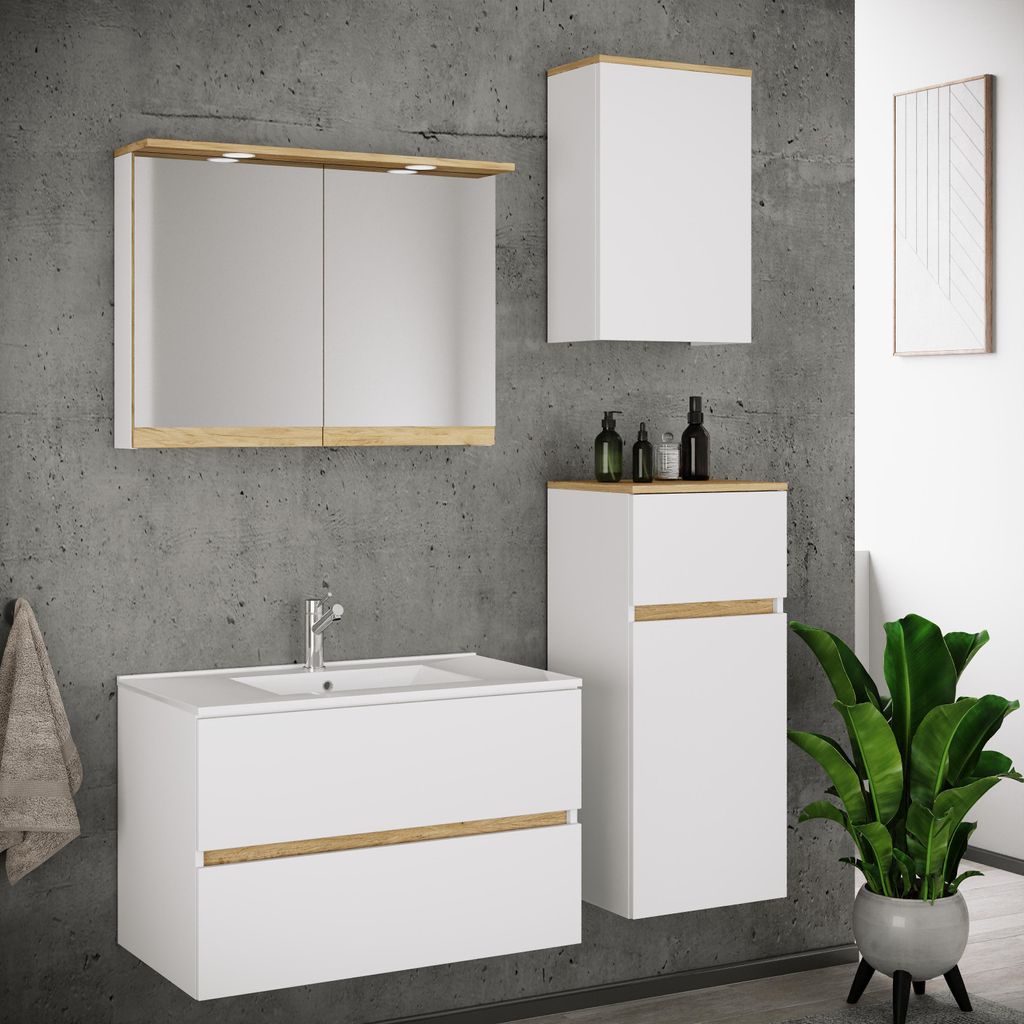 VCM 5-tlg. Waschtisch Set mit Keramikbecken, Badschrank mit 2 Softclose-Schubladen, Midischrank, Hängeschrank, Spiegelschrank mit Beleuchtung und ...