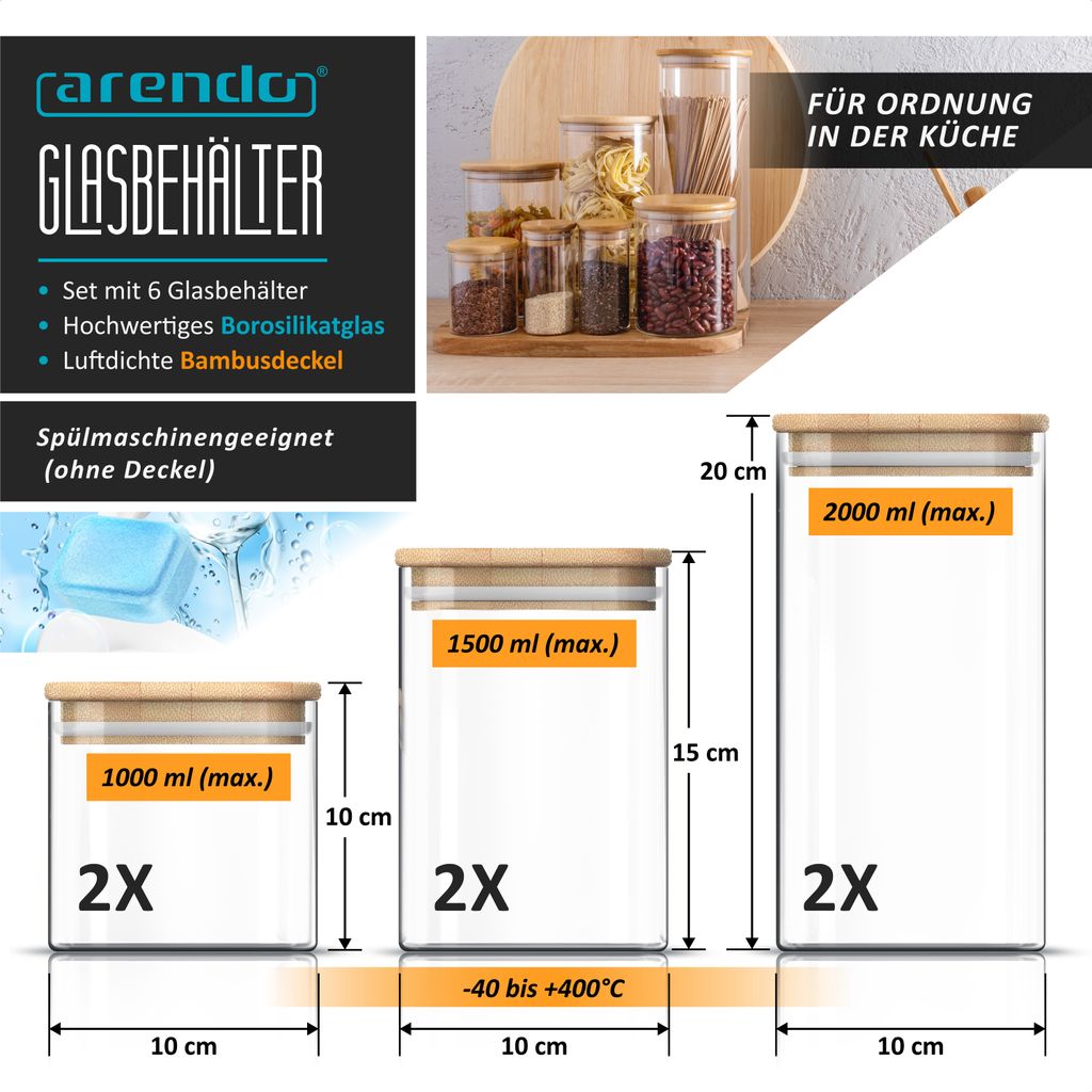 Arendo Vorratsgläser, Glasbehälter 6er Set mit Bambusdeckel Produktbild 2
