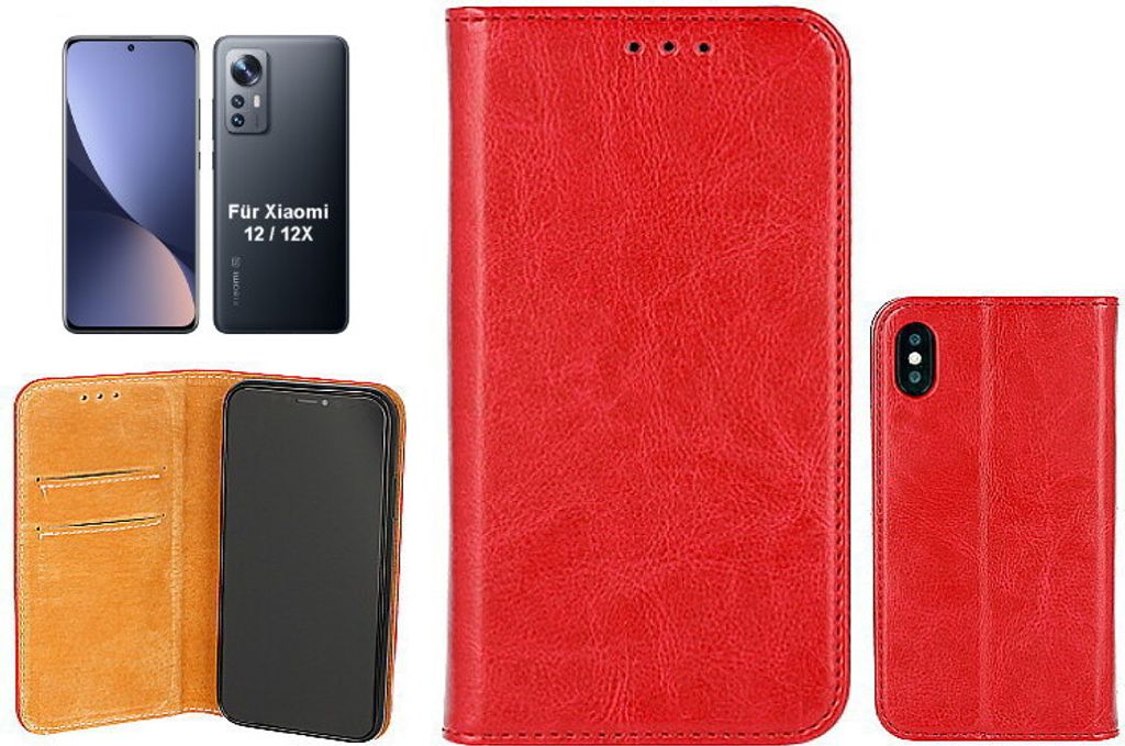 OLLI BookCase - für Xiaomi 12 / 12X - REAL LEATHER red aus handgefertigtem Echtleder