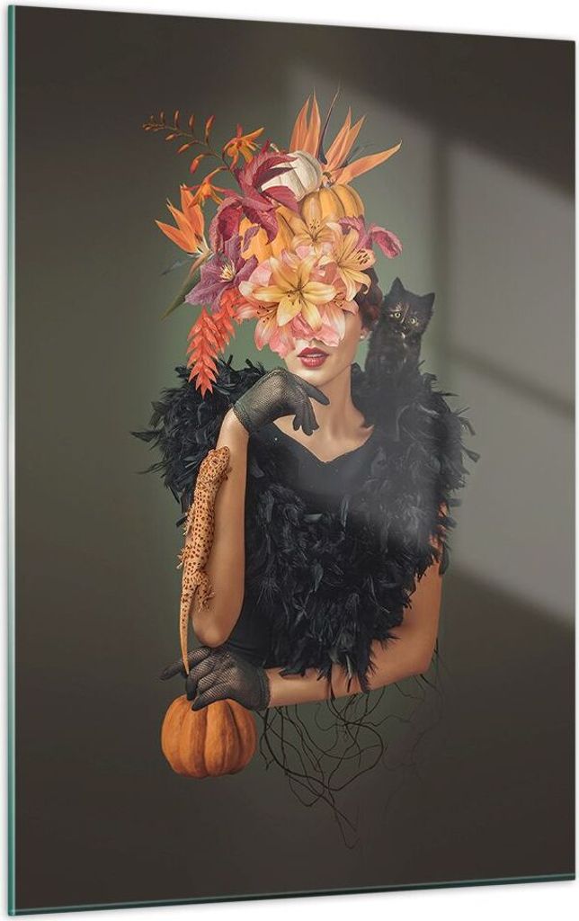 Bilder auf glas - Einteilig - Frau Katze Blumen - 50x70cm - Glasbilder - Wandbilder - Bilder - zum Aufhängen bereit - Wanddekoration aus Glas - Gl...