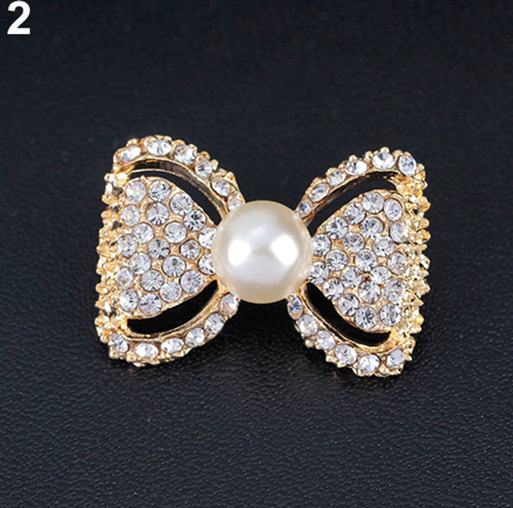 Damen-Brosche mit Schleife, glänzendem Strass-Imitationsperle, Schal-Kleid-Brosche-Golden